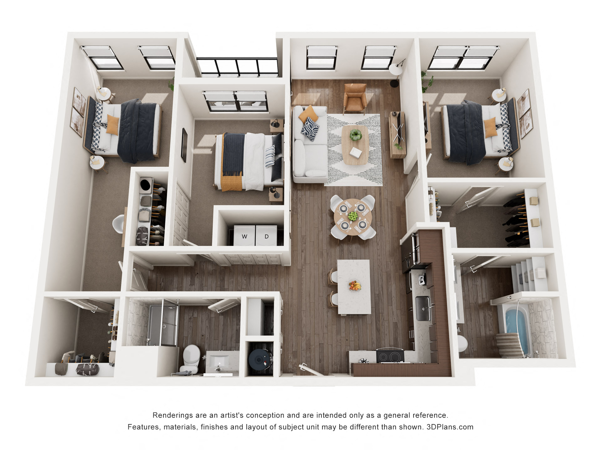 Floor plan for 3 beds, 2 baths, 1295 sqft